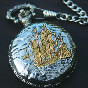 PWK- Sailing Ship Pocket Watch on Chain-0